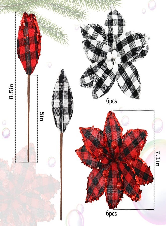 RISICULIS 12 Pieces Buffalo Plaid Poinsettias Christmas Tree Ornaments, 7.1 Inch Wide Artificial Christmas Flowers Poinsettia with Glitter Powder for Christmas Tree Garland Wedding Party Holiday Decoration - Image 2